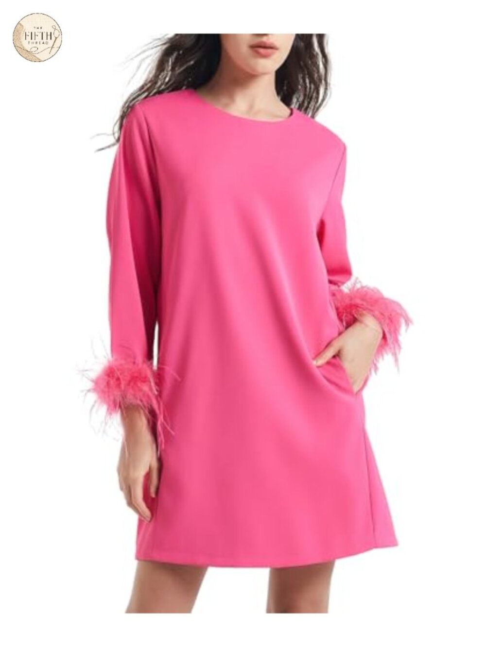 D-Sun Feather Cuff Mini Cocktail Dress 3/4 Sleeve Party